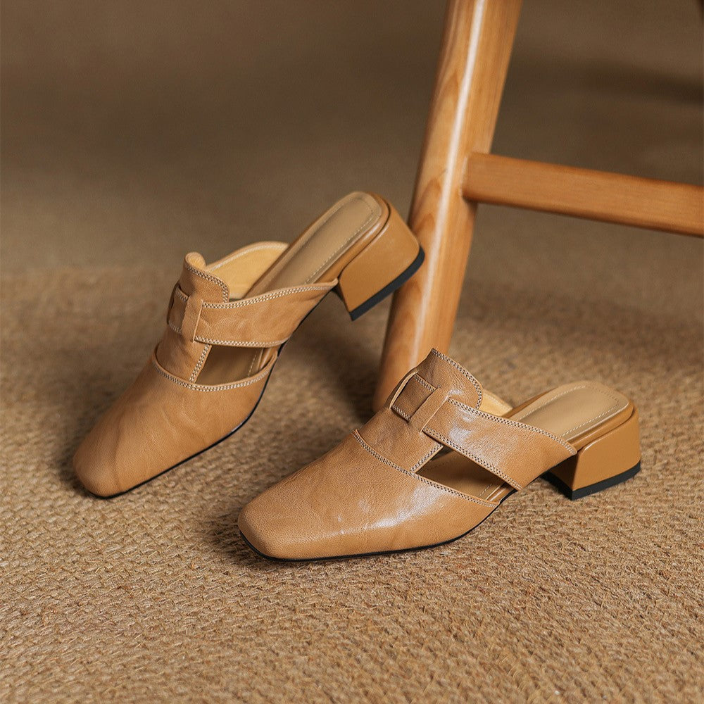 Lawson Square-Toe Leather Mules - Women's in beige