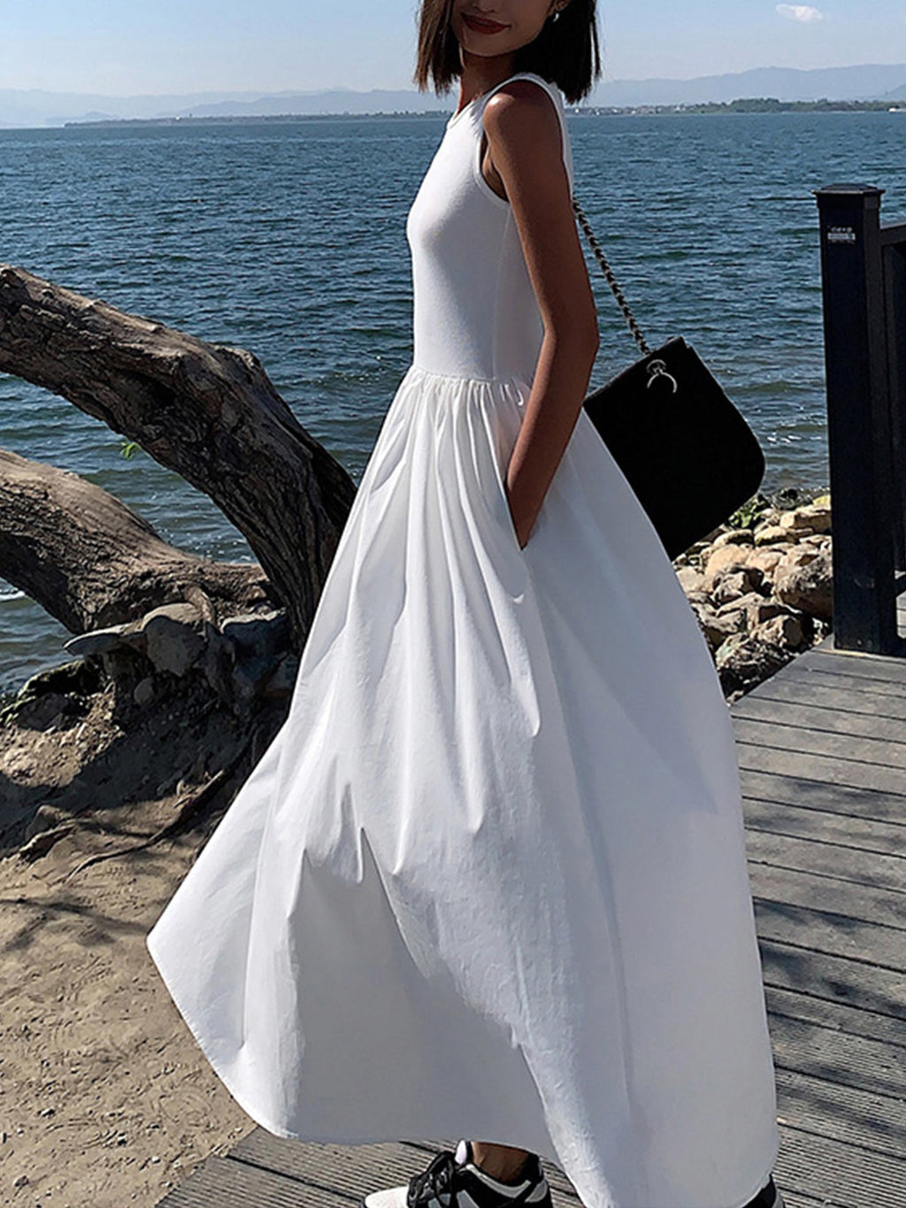 Leisure Crew Neck Dress - Women's in white