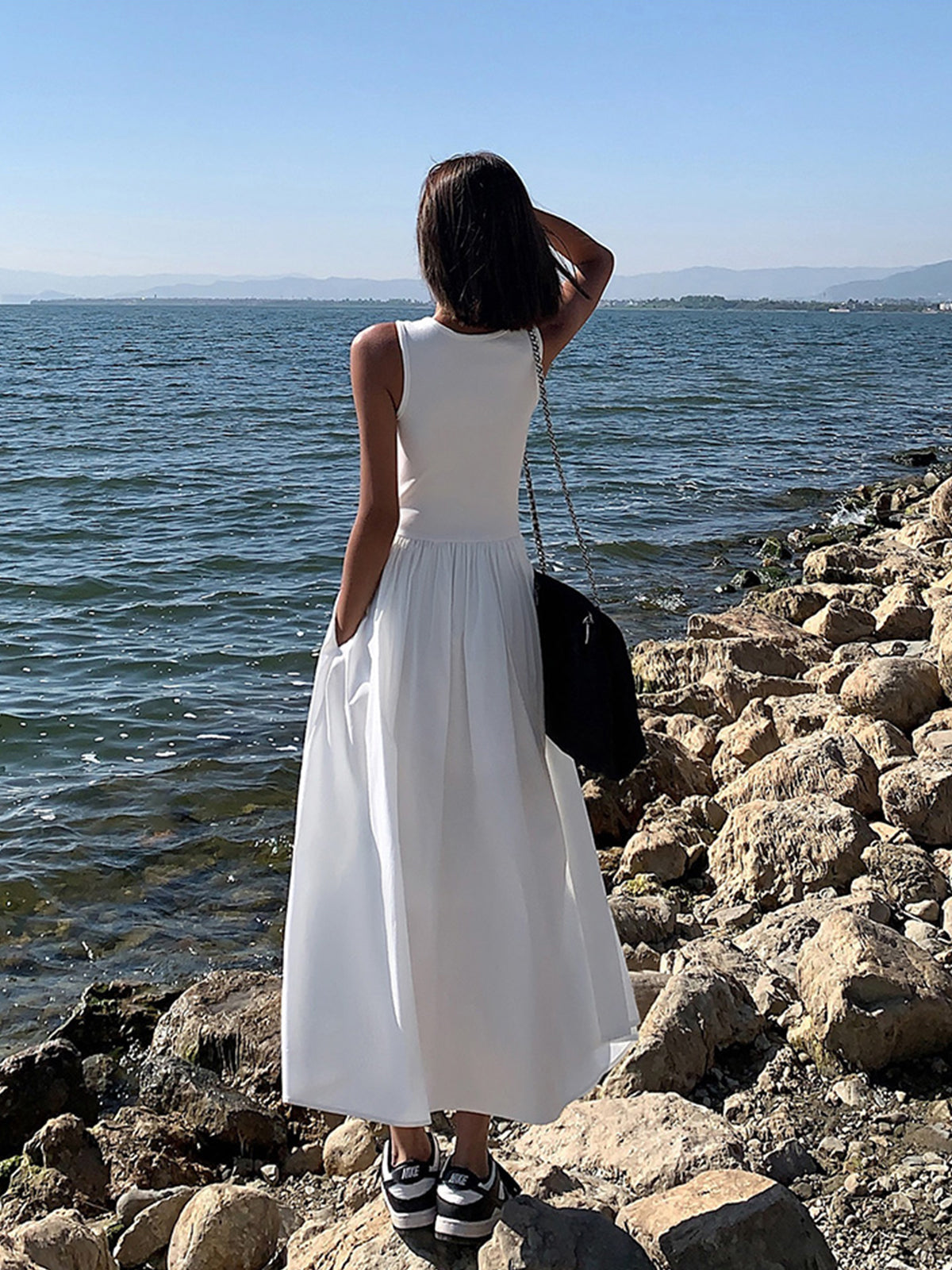Leisure Crew Neck Dress - Women's in white