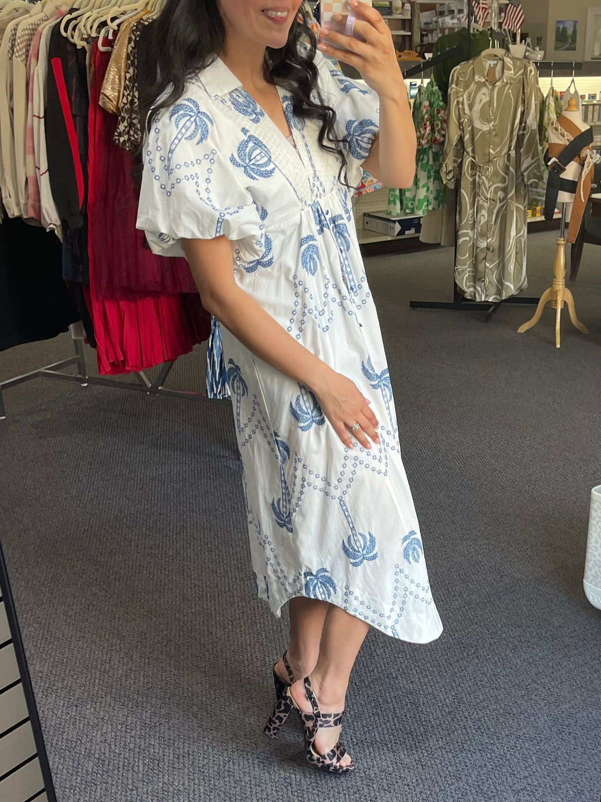 Palm Tree Printed Midi Dress - Women's in blue