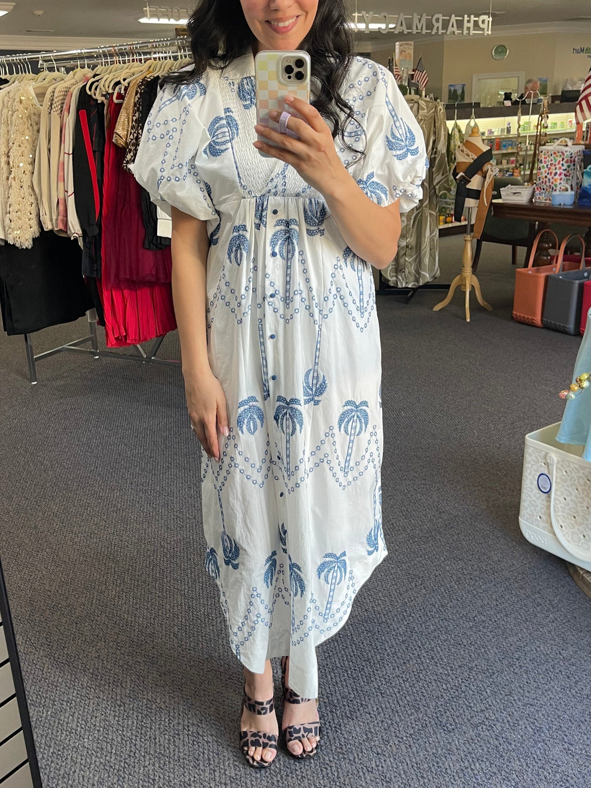 Palm Tree Printed Midi Dress - Women's in blue