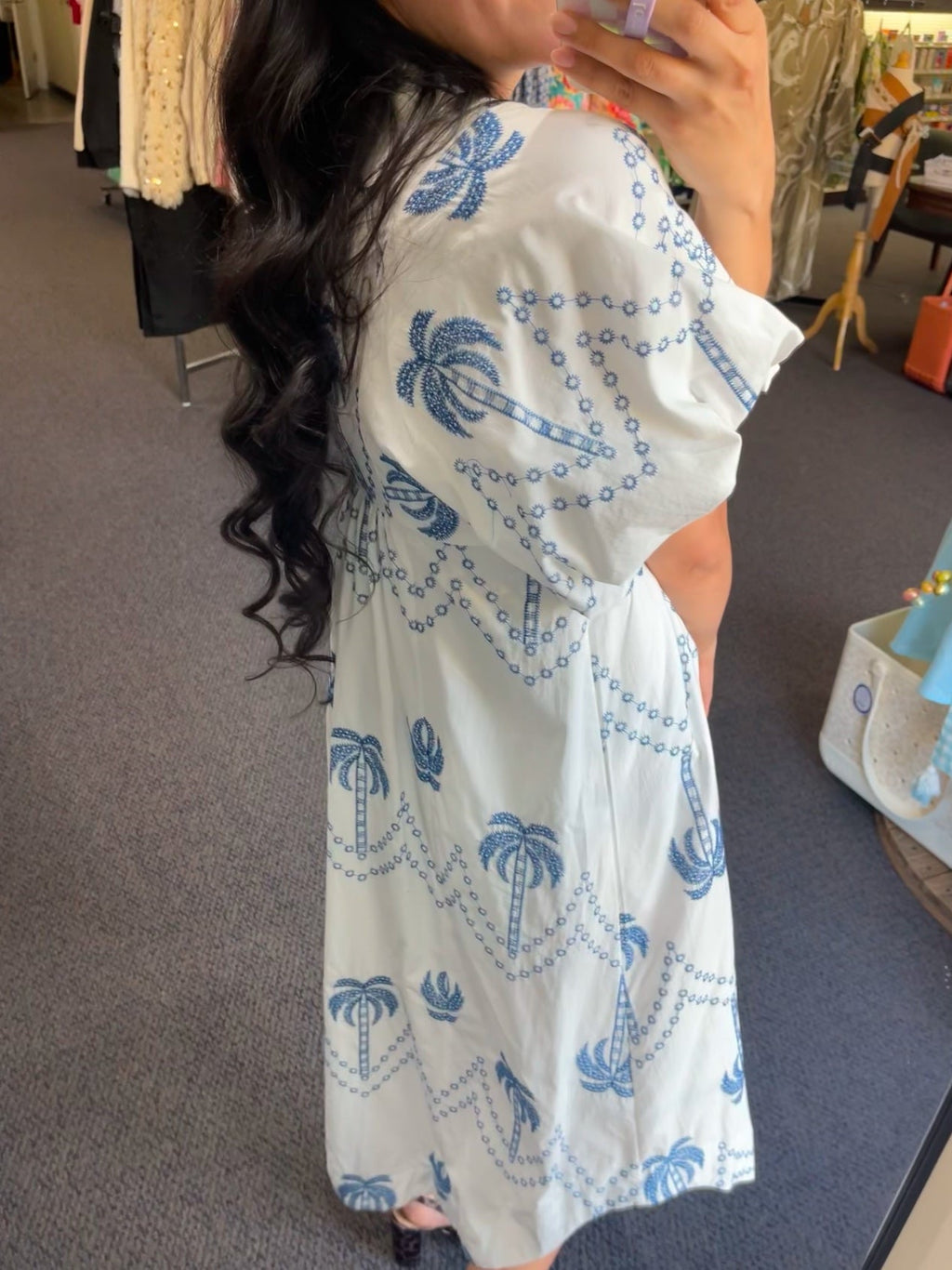 Palm Tree Printed Midi Dress - Women's in blue