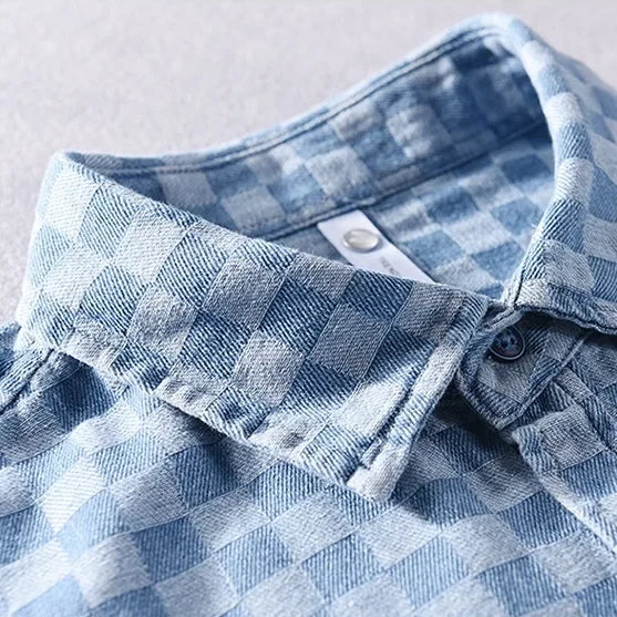 Mason Checkered Denim Shirt - Unisex in light blue