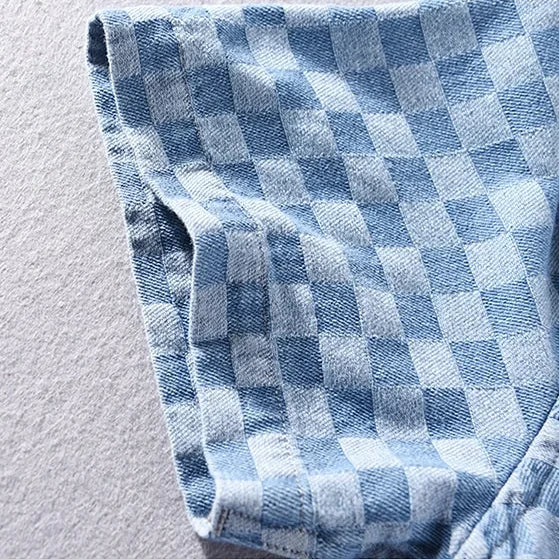 Mason Checkered Denim Shirt - Unisex in light blue
