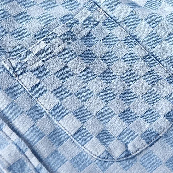 Mason Checkered Denim Shirt - Unisex in light blue