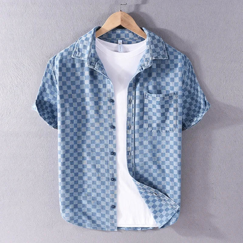 Mason Checkered Denim Shirt - Unisex in light blue
