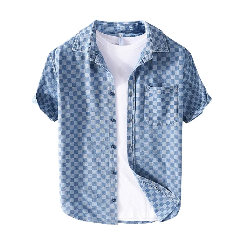 Mason Checkered Denim Shirt - Unisex in dark blue