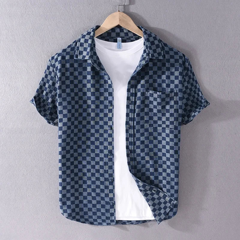 Mason Checkered Denim Shirt - Unisex in dark blue
