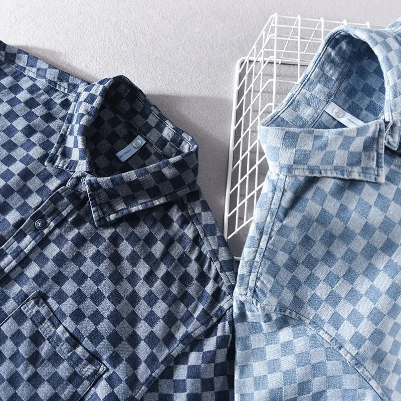 Mason Checkered Denim Shirt - Unisex in light blue