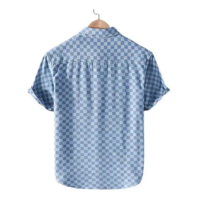 Mason Checkered Denim Shirt - Unisex in dark blue