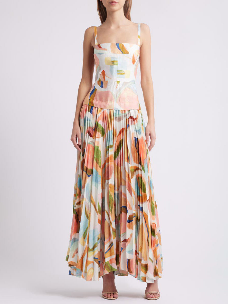 Unique Pleated Maxi Dress - Women's in multicolor