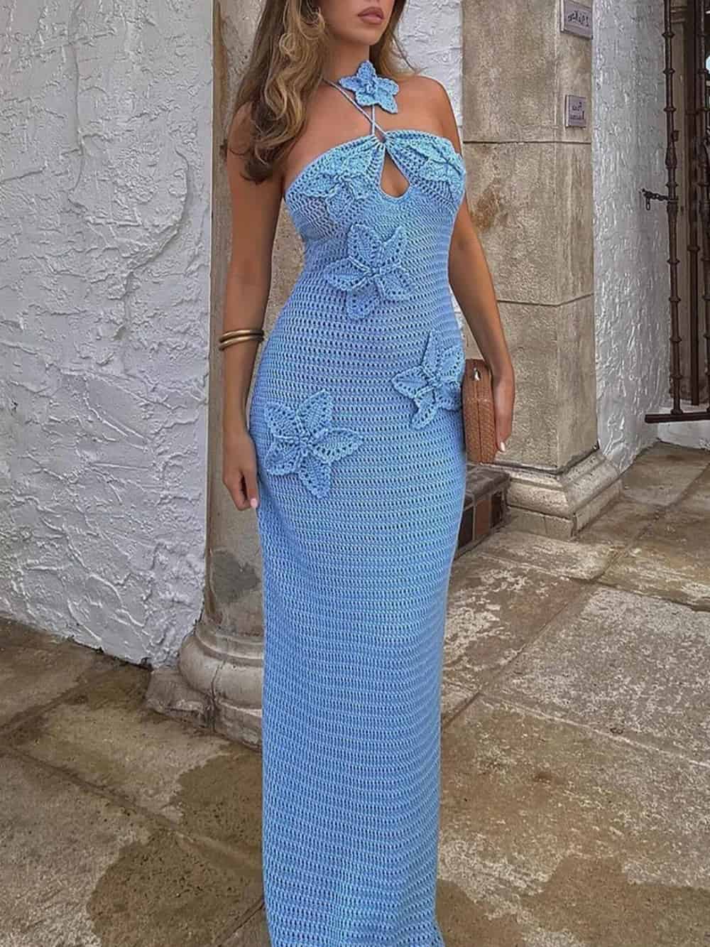Fitted Crochet Halter Neck Maxi Dress - Women's in white