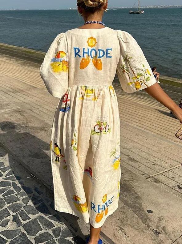 Folk Floral Puff Sleeve Midi Dress - Women's in multicolor