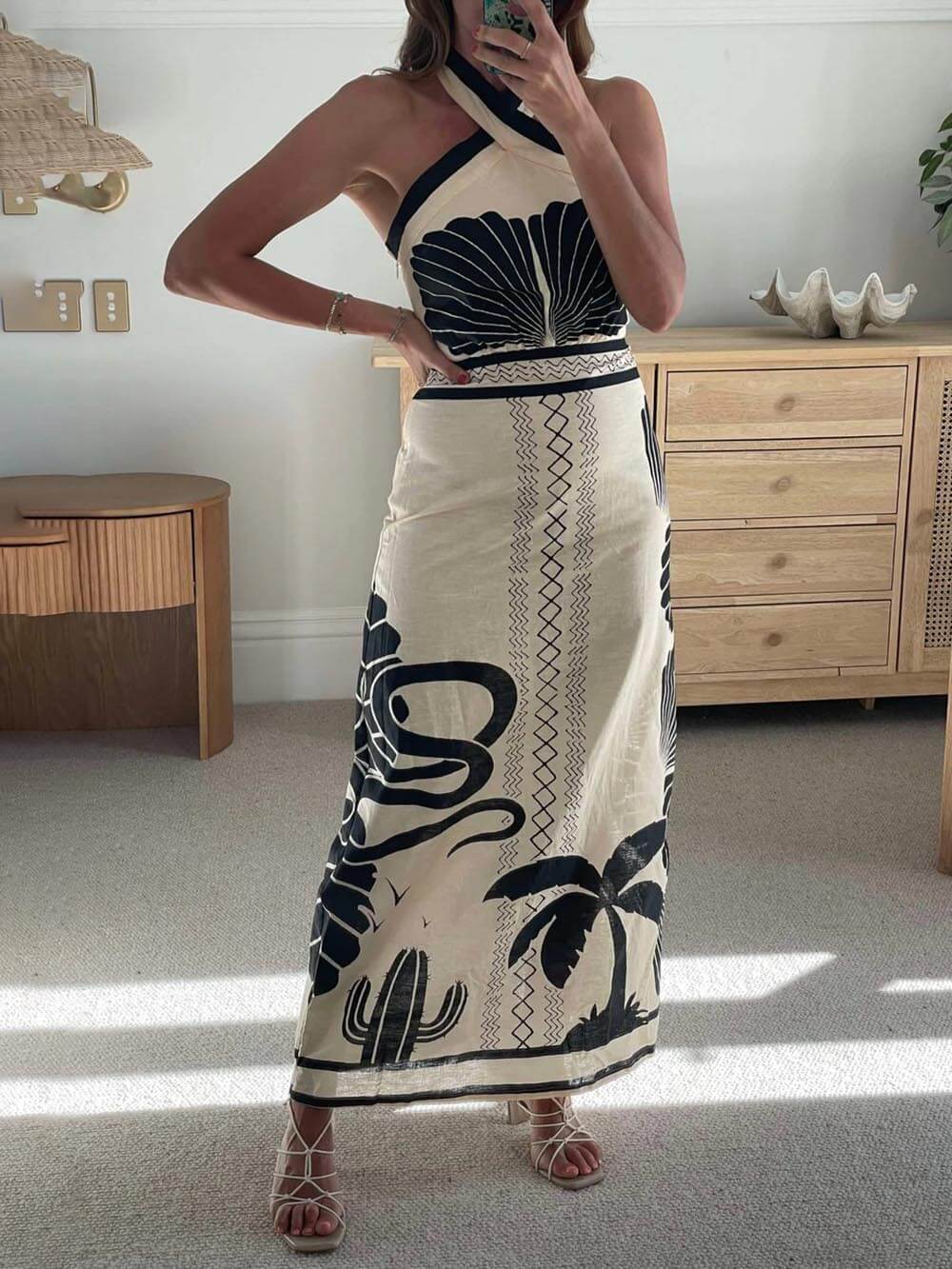Printed Halter Neck Maxi Dress - Women's in black