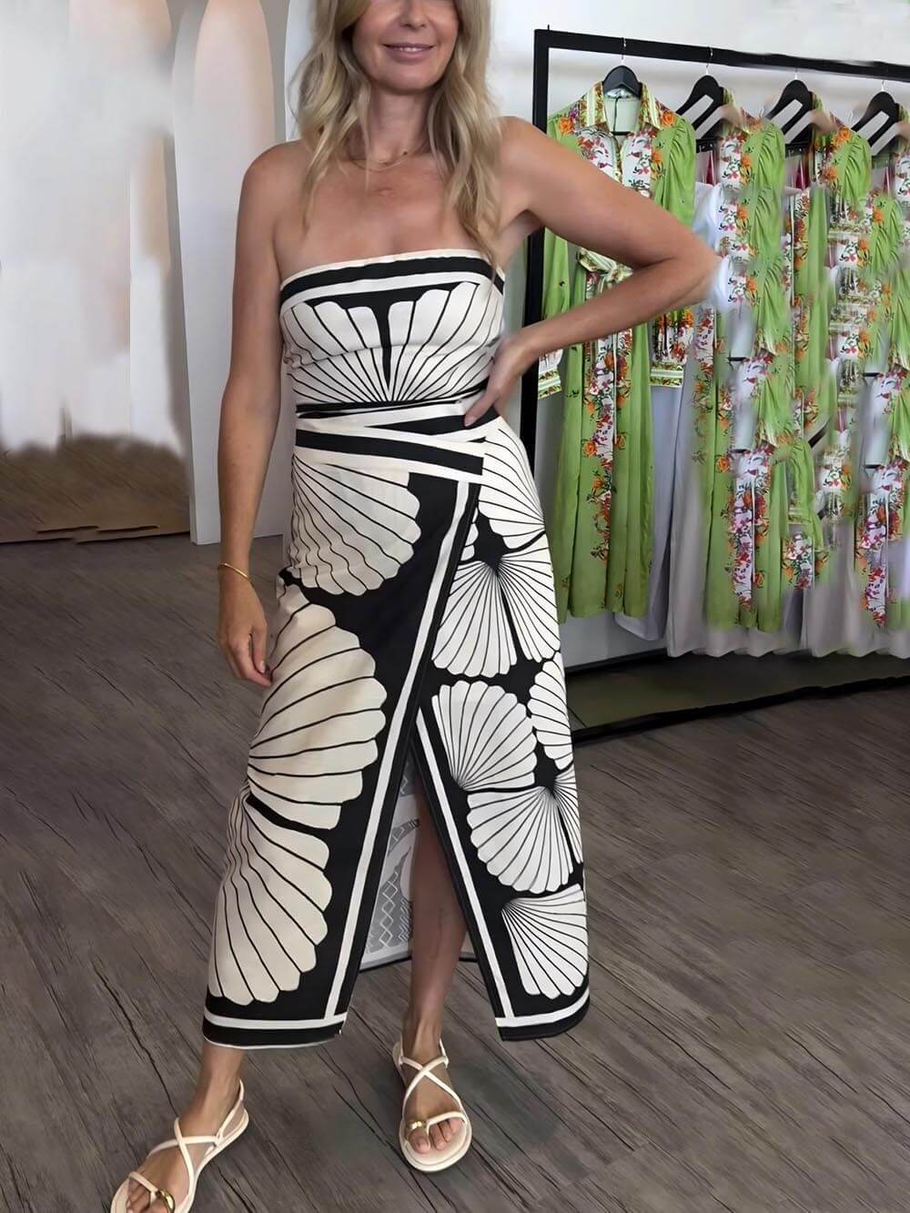 Unique Beautiful Floral Midi Dress - Women's in black