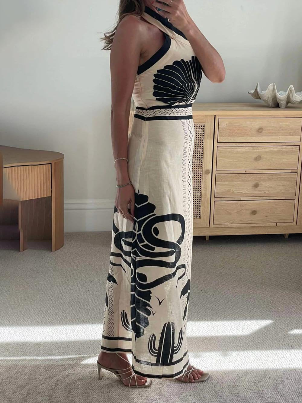 Printed Halter Neck Maxi Dress - Women's in black