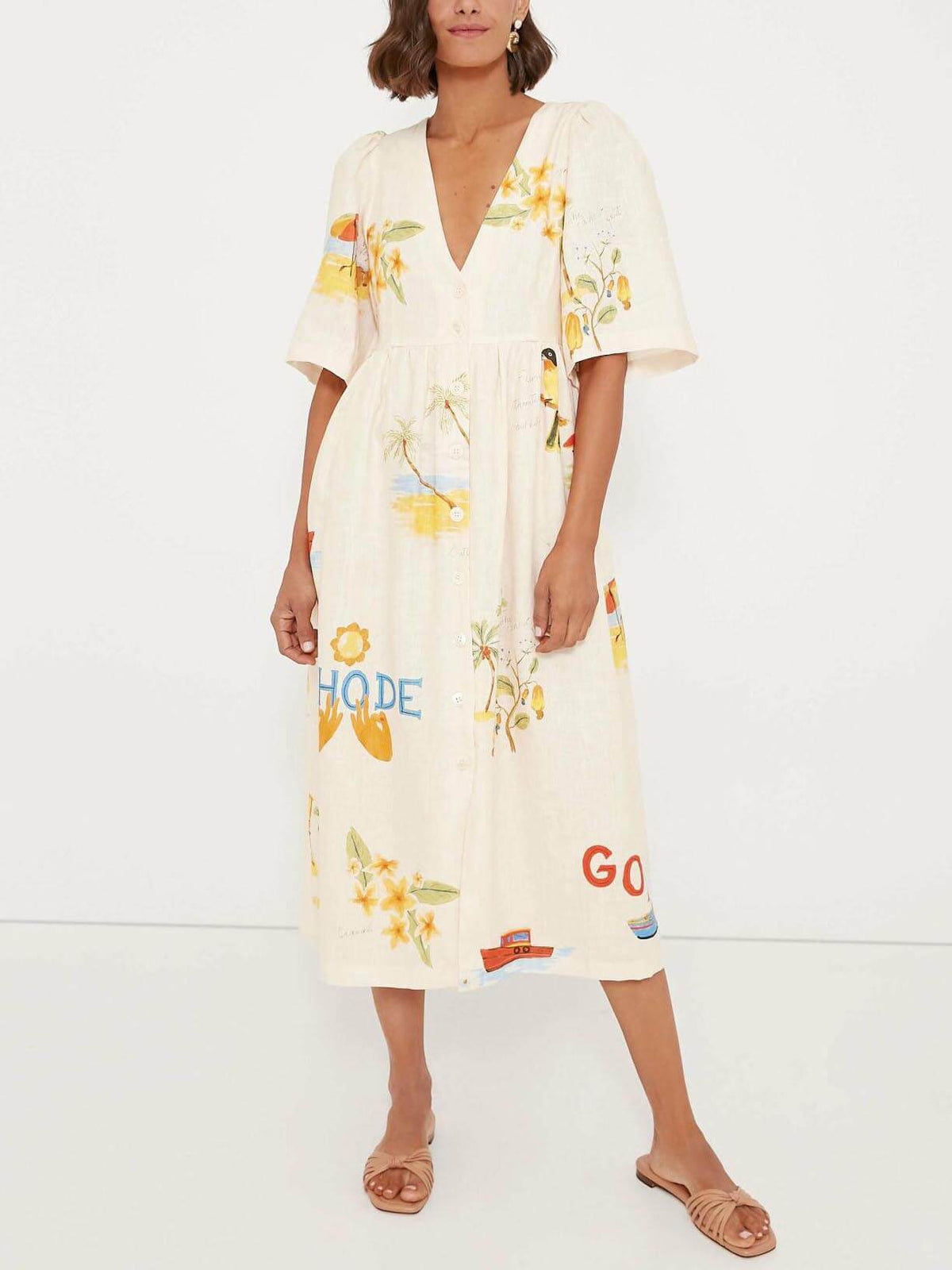 Folk Floral Puff Sleeve Midi Dress - Women's in multicolor