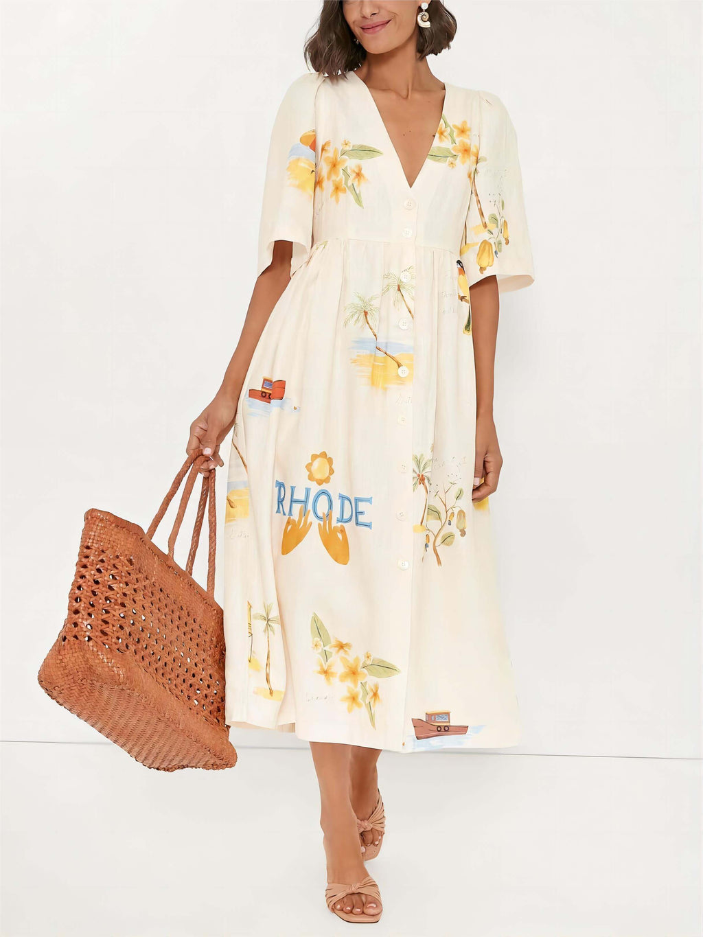 Folk Floral Puff Sleeve Midi Dress - Women's in multicolor
